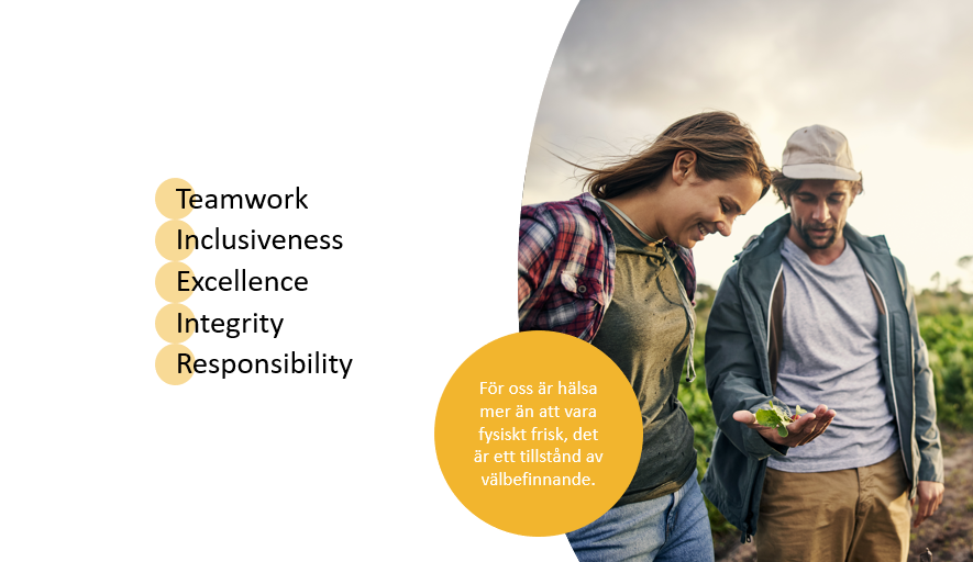 Man och kvinna stående i ett fält tillsammans. Orden Teamwork, Inclusiveness, Excellence, Integrity, Responsibility visas