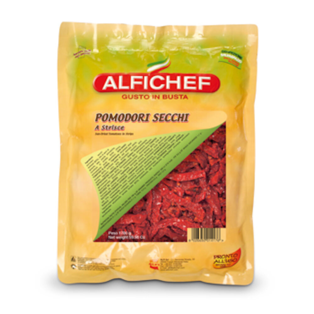 Soltorkade tomater strimlade olja påse