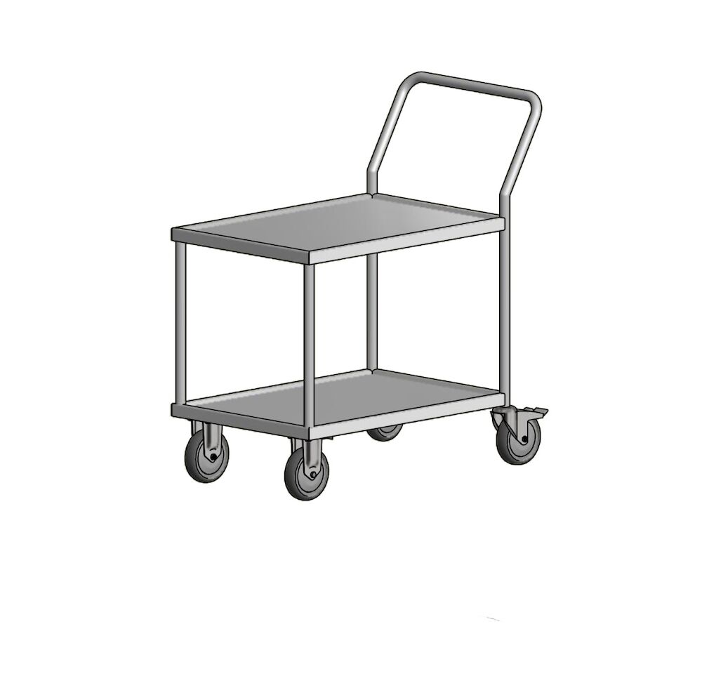 Vagn H78S Rostfritt stål, extrahylla för ex. 
plastback 125mm hjul 2 fasta, 2 svängbara 
med broms 660x460x970mm