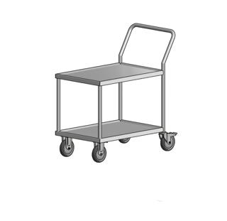 Vagn H78S Rostfritt stål, extrahylla för ex.
plastback 125mm hjul 2 fasta, 2 svängbara
med broms 660x460x970mm